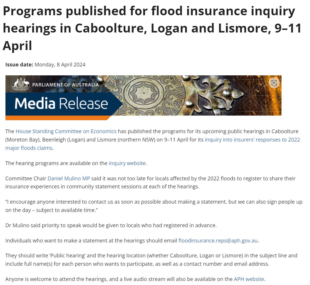 The House Economics Committee has published the programs for its upcoming flood insurance inquiry hearings. The Committee is still welcoming affected locals to register to share their insurance experiences at the hearings. More: aph.gov.au/floodinsurance