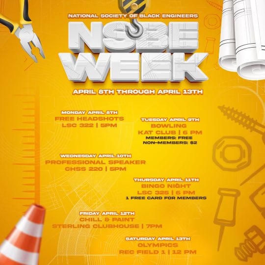 Hey shsu family , join Nsbe for a week filled with activities and informative events, see you there!