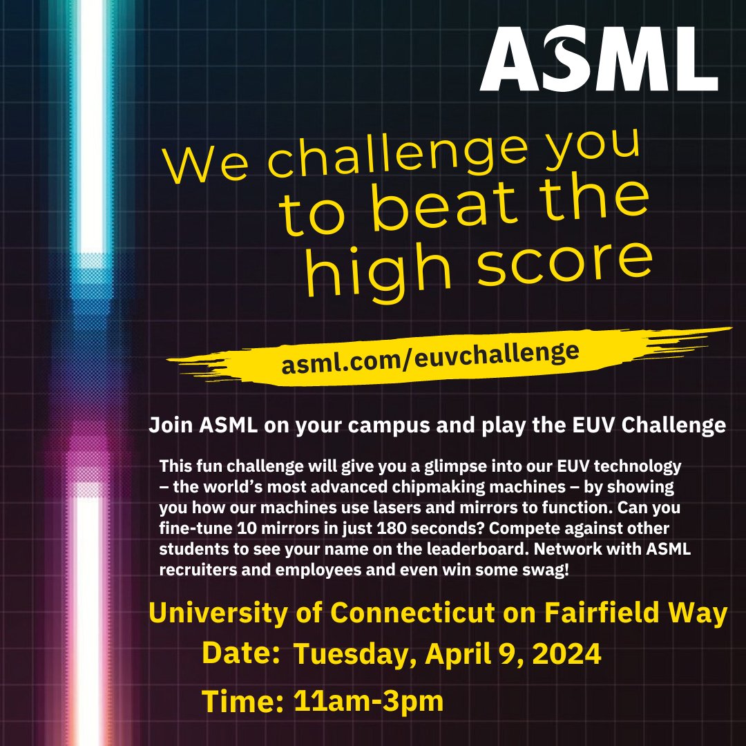 Ready for a glimpse into the future of chipmaking? Join ASML on Fairfield Way TOMORROW between 11:00AM - 3:00PM for an exciting challenge featuring EUV technology—the world's most advanced chipmaking machines! Don't miss this opportunity to network with ASML!