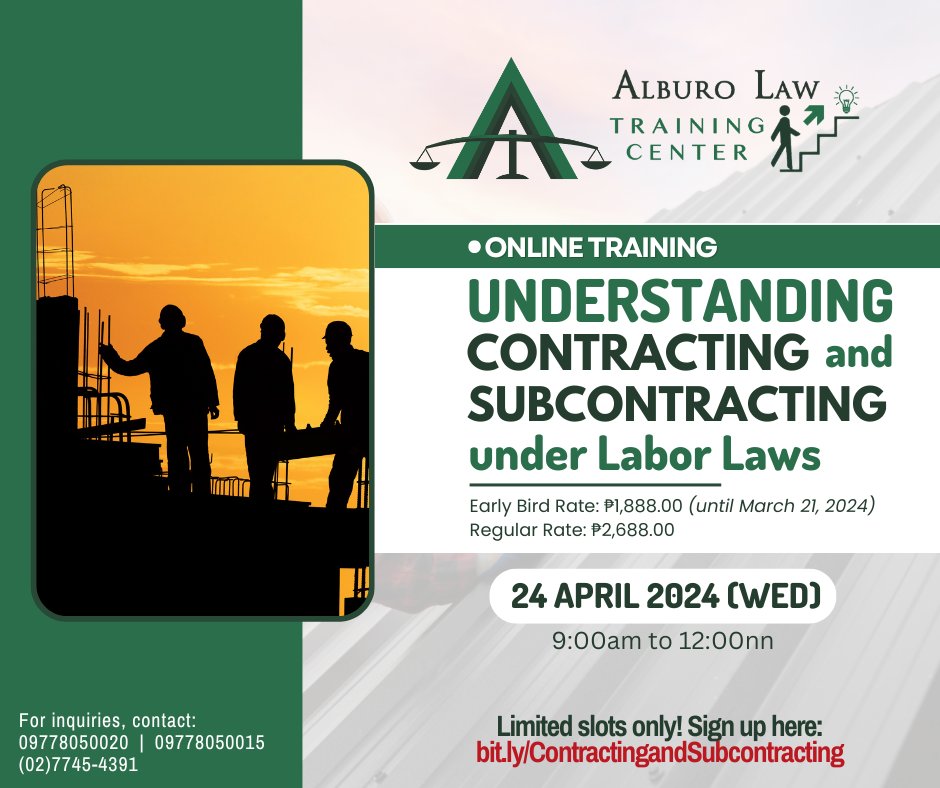 🚨  Be equipped to mitigate risks, foster a fair and lawful workplace environment, and protect your rights as principals, contractors, and employees  through this comprehensive training 🚨

bit.ly/Contractingand…

#contracing #subcontracting #LaborLaw #legaleducation #AlburoLaw