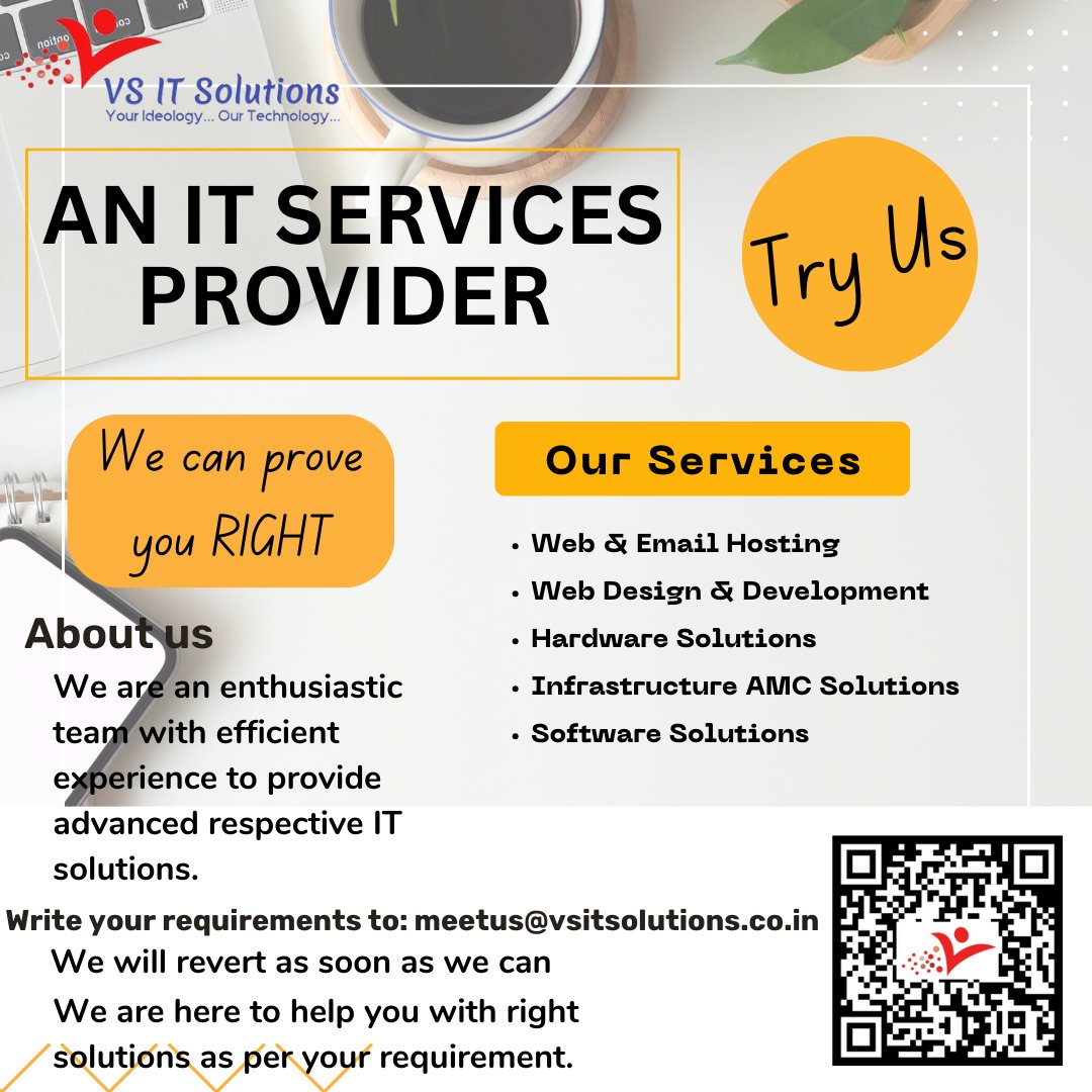 VS IT Solutions - An IT Solutions and Services Provider.
Want to be a trusted partner.
We provide IT Solutions in the following areas within moderate budget.
#itservices #webhosting #softwareservices #HardwareServices #infrastructureservices
Reach us on meetus@vsitsolutions.co.in
