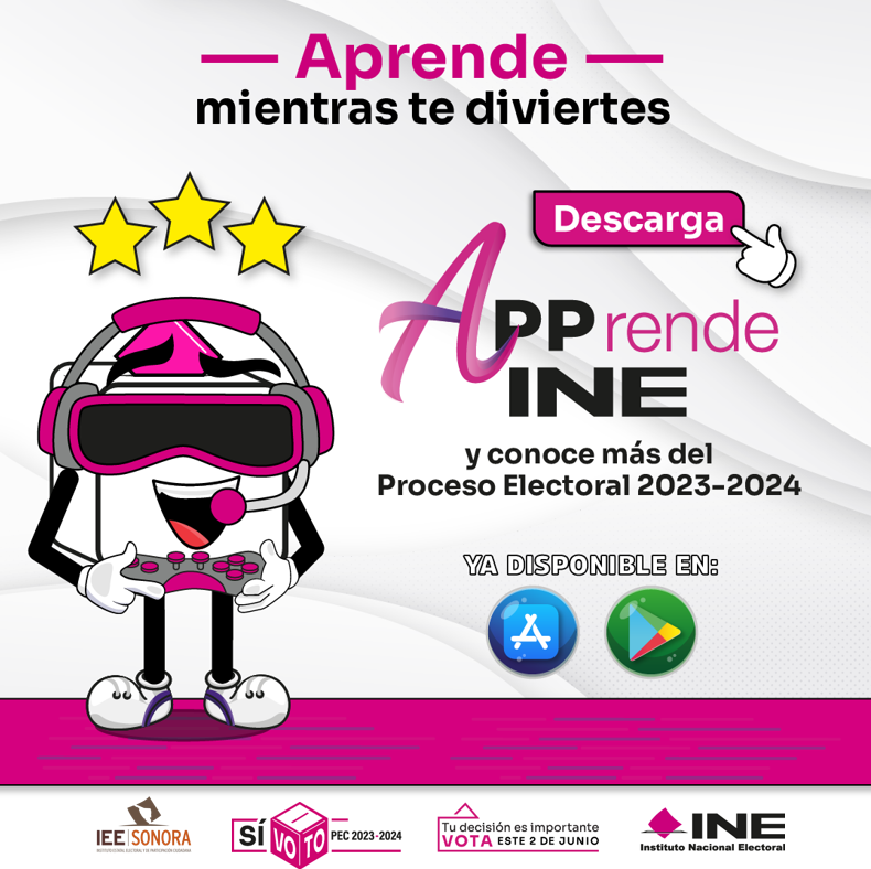IEESonora's tweet photo. Descarga la aplicación #APPrendeINE ¡y pon a prueba tus conocimientos de una forma divertida! 📲
 
Para Android:
 https://t.co/4Ahk6f3LJE
 
Para IOS:
 https://t.co/Keeq9obol2

#ParticipaciónCiudadana2024🗳️ https://t.co/mT1cZSq8GQ