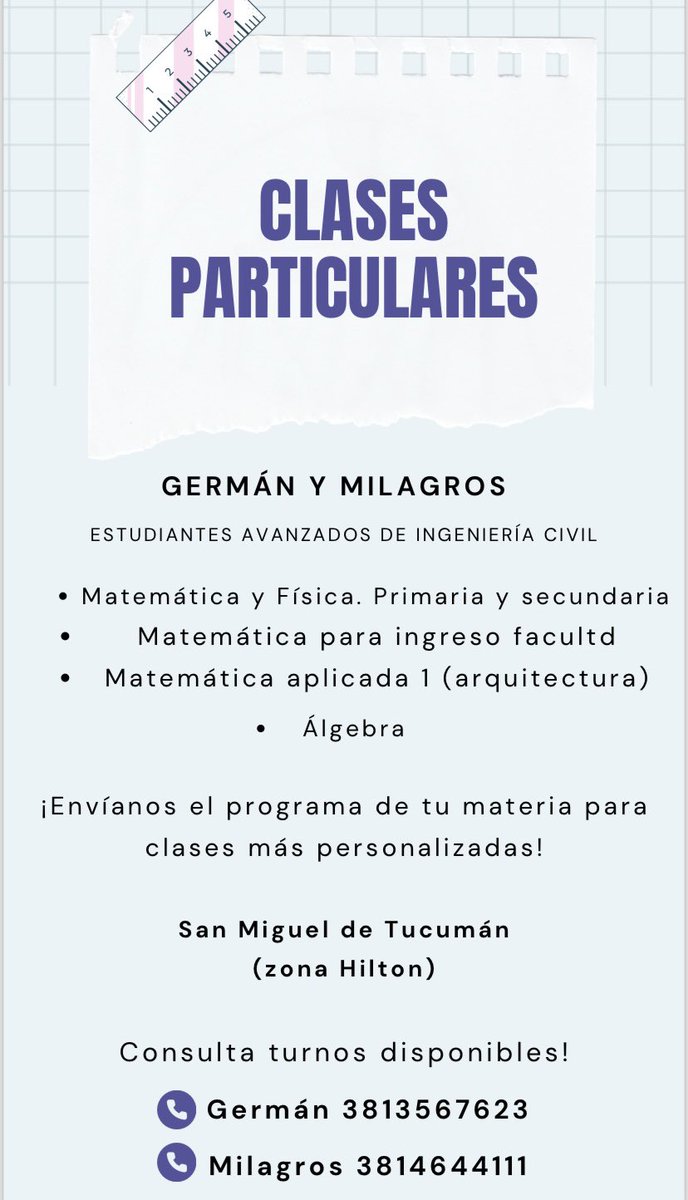 Buenas! Agradecería la difusión 🫶🏽
Clases particulares de matemática y física, las clases duran 2 horas y se trata teoria y práctica complementaria a los temas del cursado! Cualquier duda o consulta estamos a su disposición!