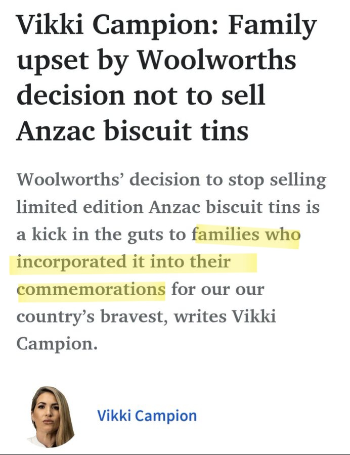 Is Vikki Campion srsly claiming there are Australian families for whom buying a new limited edition biscuit tin each year is an essential part of their Anzac Day commemorations?! What an insulting piece of fiction. #AnzacDay #ThisIsNotJournalism