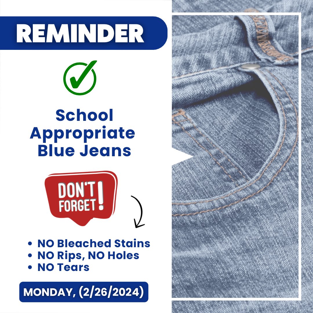 Attention: AHMS students who attended Saturday school got a wristband and are allowed to wear school appropriate jeans on Monday, (4/08/2024). ⤵️Reminder: School Appropriate Jeans!! #HamiltonMiddleSchool @petecarter3 @MrsAgnew18 @HISDCentral @BluiettLucretia @HoustonISD