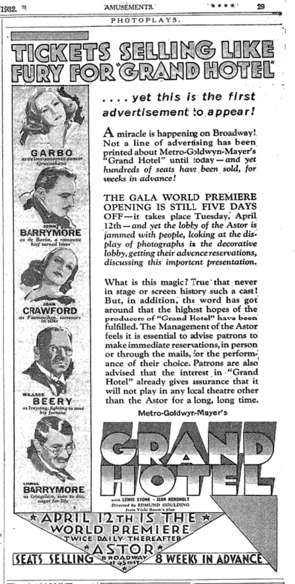 'A miracle is happening on Broadway! What is this magic?' Why, it's EdmundGoulding's GRAND HOTEL of course, whose WorldPremiere at the Astor in NYC would happen 5 days from this date in 1932. It has the distinction of being the only film to win Oscar's BestPic w/ zero other nods.