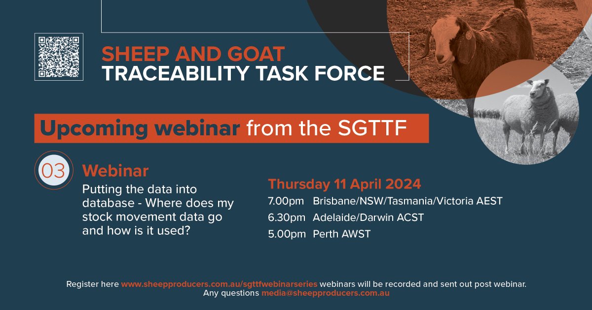 Next webinar from the SGTTF is on Thursday - Where does my stock movement data go - how is it used? Registration is free and the recording will be sent to you. The webinar series recordings are here sheepproducers.com.au/recordings2024… Be part of the Q&A, be heard. sheepproducers.com.au/sgttfwebinarse…