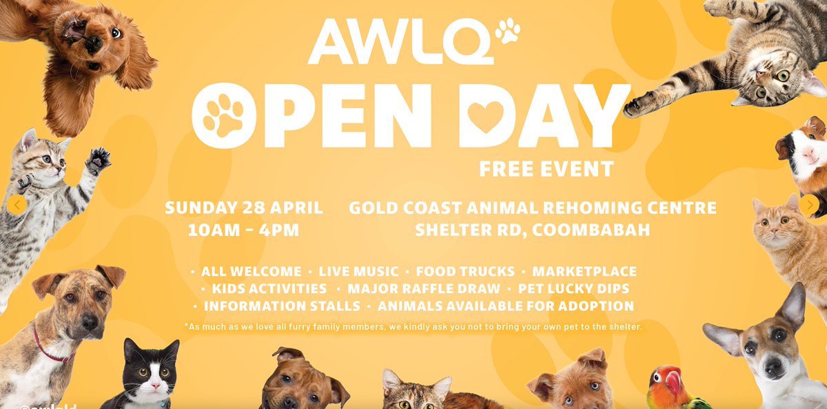 Come and join in all the fun at the
@AWLQ open day.
A great day out for the whole family & entry is FREE. 
#funday #dayout #animalshelter #rehoming #open #family #freeevent #GoldCoast #allwelcome #livemusic #foodtrucks #marketplace #kidsactivities #raffle #luckydip #stalls #adopt