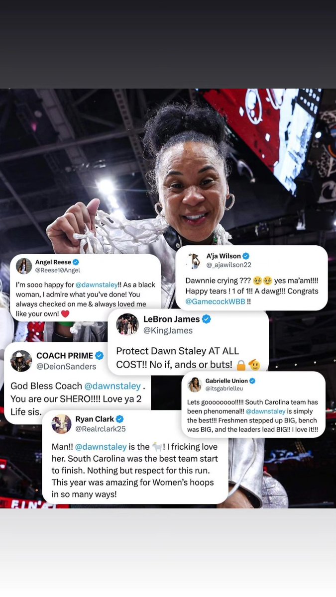 Like @KingJames said protect Dawn Staley at all cost 💪🏾👊🏾💯 Give this women her flowers 💐 for what she has built at SC & turning it into a supreme program 🐐🙏🏾👑🏀🏆   #ncaabasketball #ncaawomensbasketball #2024champions #southcarolinagamecocks #DawnStaley #coachoftheyear