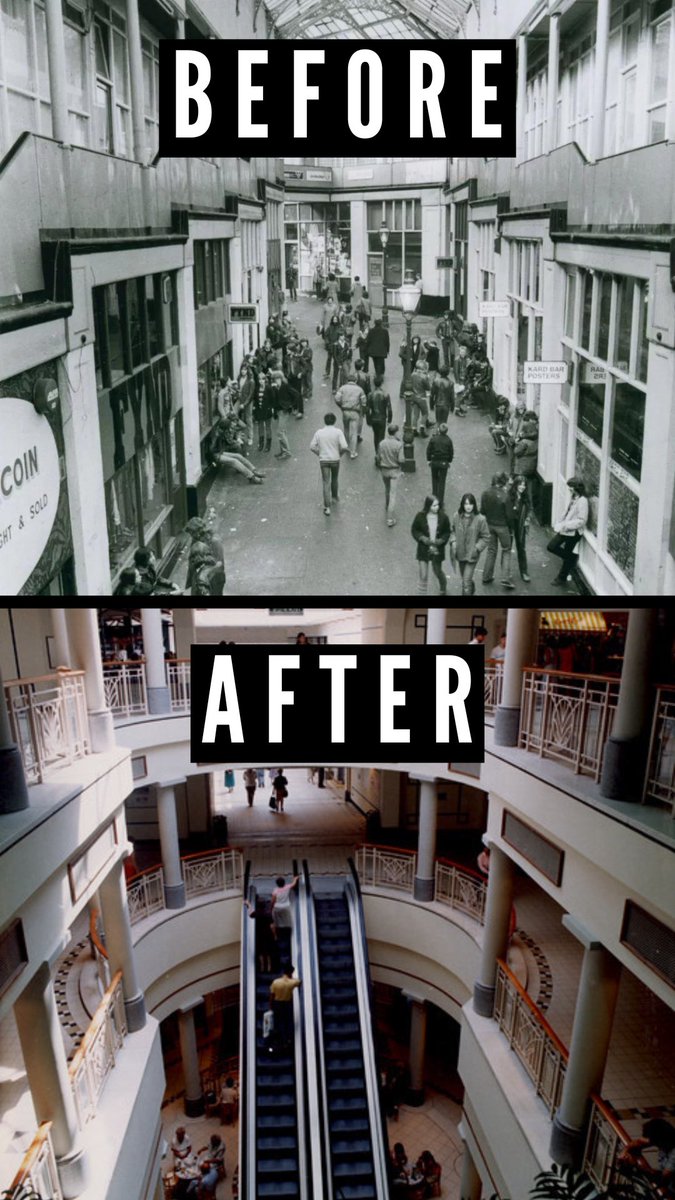 Newcastle’s Lost Malls, now on YouTube. Before an after of the Handyside Arcade below replaced by Eldon Garden 🧵
