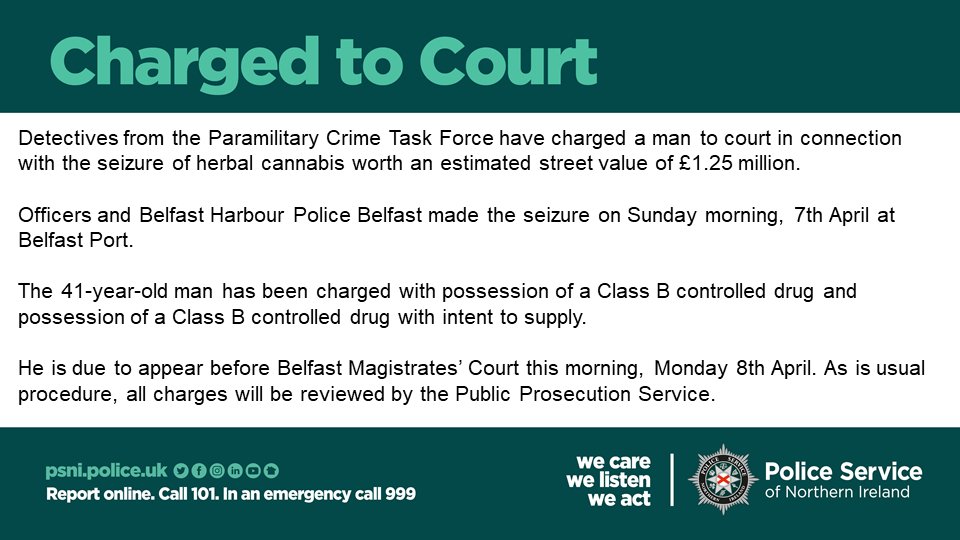 Our detectives have charged a man to court in connection with the seizure of herbal cannabis worth an estimated street value of £1.25 million yesterday morning, Sunday 7th April, at Belfast Port.