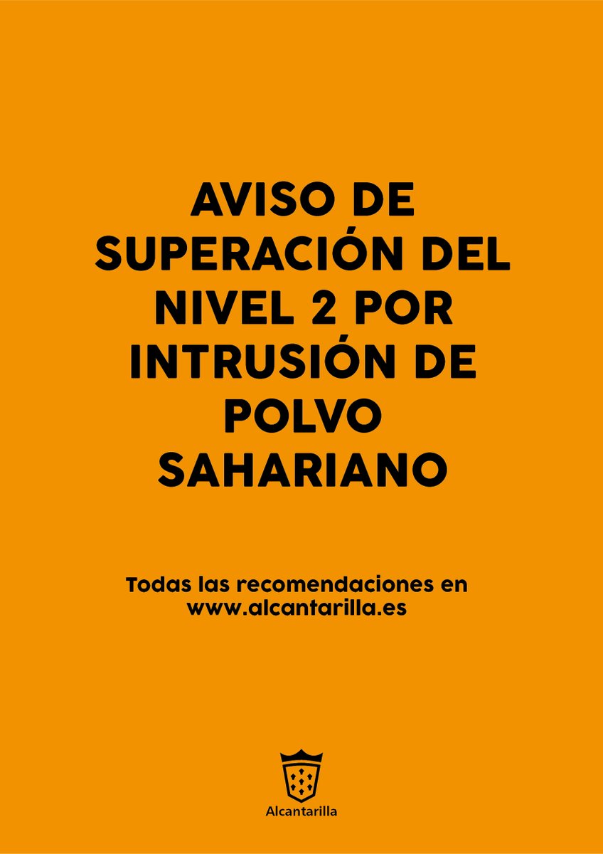 ⚠️Aviso de superación del nivel 2 correctivo por intrusión de polvo sahariano en #Alcantarilla 👉Recomendaciones y consejos: alcantarilla.es/consejos-y-rec… ℹ️ alcantarilla.es