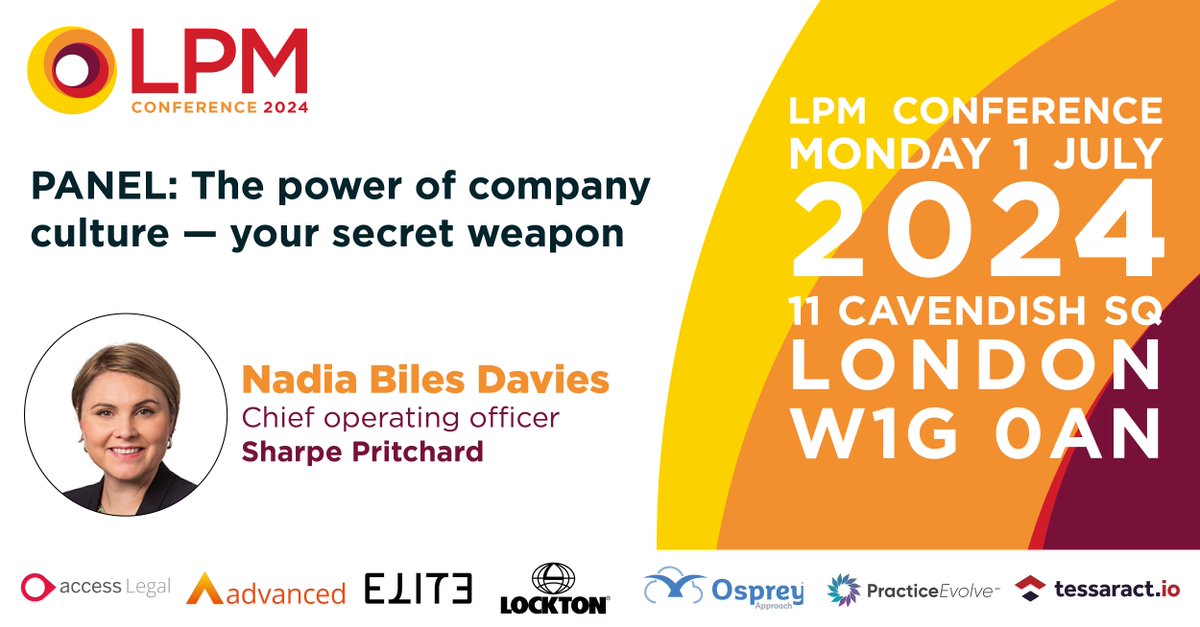 We’re delighted to announce our COO, Nadia Biles Davies, will be hosting a panel discussion on the power of company culture at the forthcoming @LPMmag Conference on 1st July 24. 

For further info and to book your place: bit.ly/3x16l7q

#LPM2024 #lawfirmmanagement