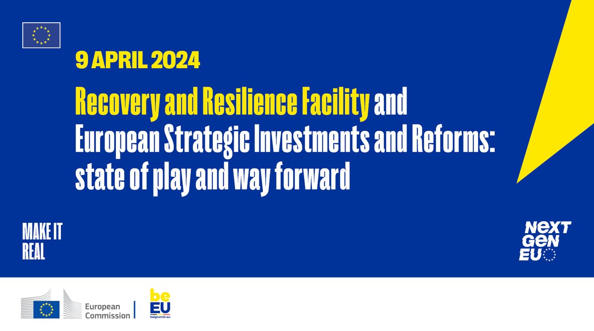 Happening tomorrow: the Recovery and Resilience Facility (RRF) and European Strategic Investments and Reforms event!

📅 Tuesday, 9 April 
📍 Art & History Museum, Brussels & online

📺 Follow the event live on the website: europa.eu/!P3pCGB

#NextGenerationEU #MakeItReal