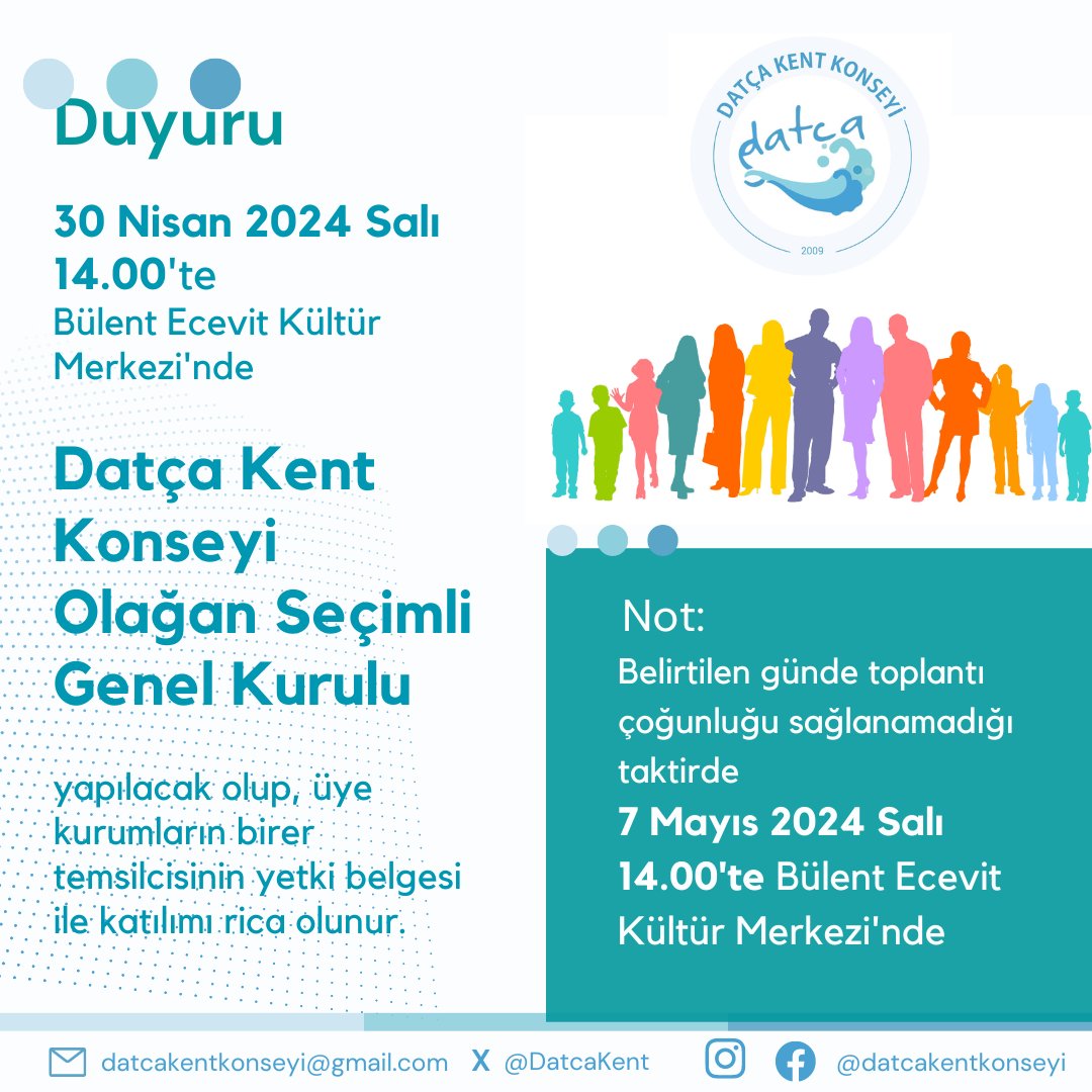 DatcaKent's tweet image. 📢Datça Kent Konseyi Olağan (Seçimli) Genel Kurul Toplantısı 30 Nisan 14.00’te, çoğunluk aranmayan ikinci toplantı ise 7 Mayıs aynı saatte Bülent Ecevit Kültür Merkezi’nde yapılacaktır.
Toplantıya herkes davetlidir. Temsilcilerin yetki belgeleri ile katılımı rica olunur.