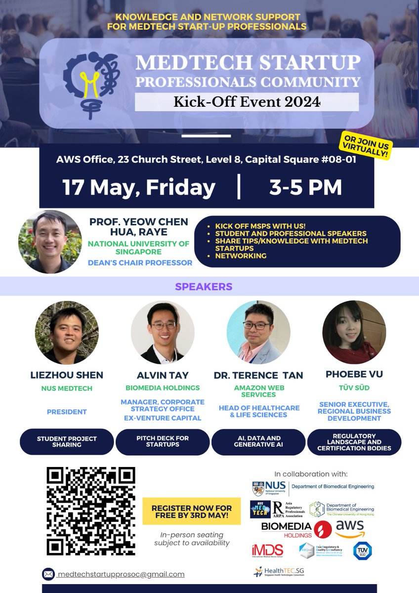 Join us for an exciting inaugural event from the Medtech Startup Professionals Community! Bringing together all the best minds in the medtech ecosystem to accelerate your startup journey! @BME_NUS #NUSCDE #MSPC #RayeLab