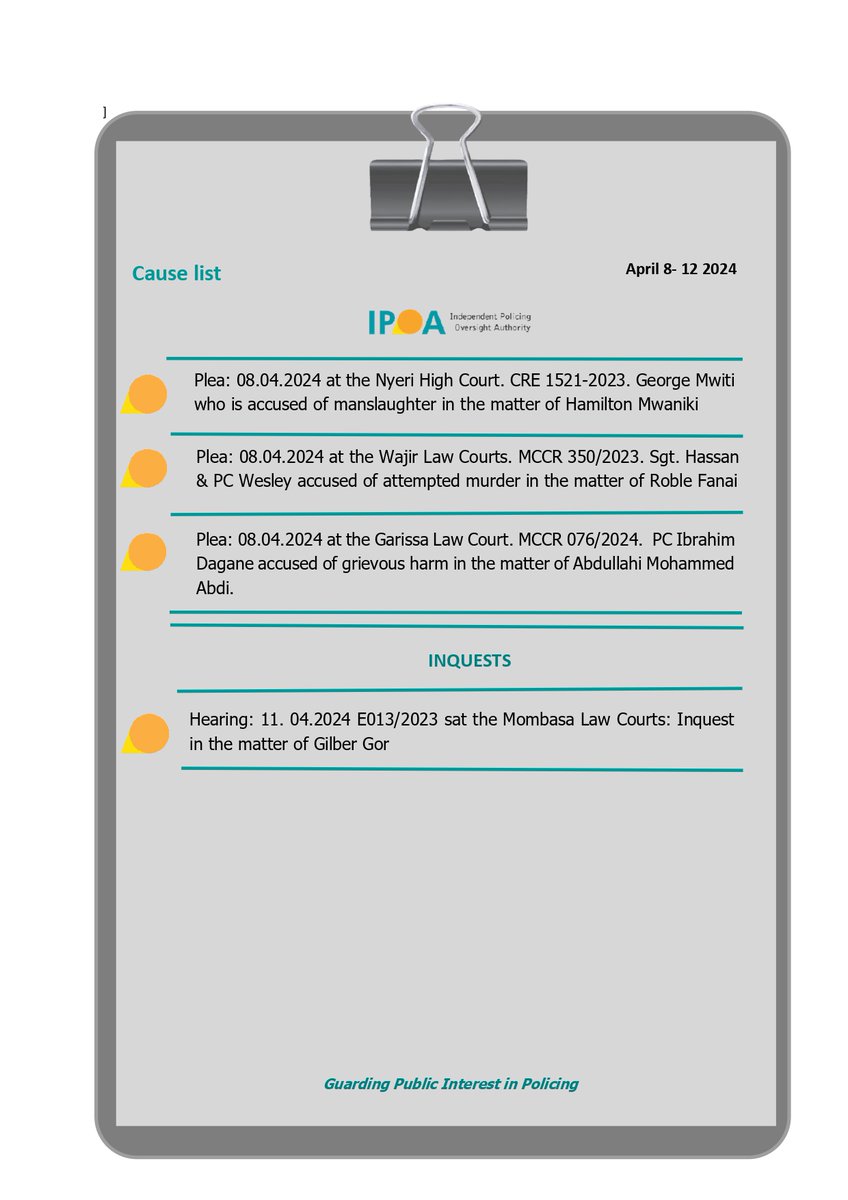 This week's IPOA-led cases in court. Click this link for more information: bit.ly/44sjt0s #GuardingPublicInterestInPolicing ^EM