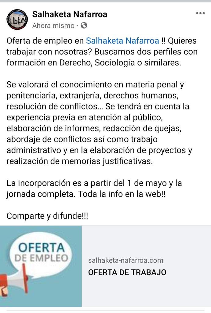 ATENCIÓN!! OFERTA DE EMPLEO

Buscamos dos personas con perfil de Derecho, Sociología o similares para trabajar con nosotras a jornada completa a partir del 1 de mayo!! Te animas?

Comparte y difunde!!

Toda la info en la web: 

salhaketa-nafarroa.com/2024/04/oferta…