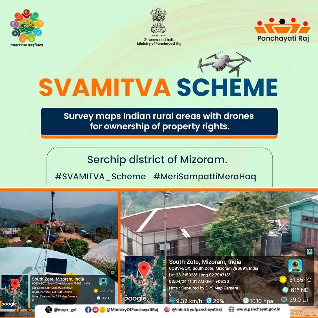 Drone flights have begun in Serchip district of Mizoram under the #SVAMITVA_Scheme. This initiative aids in generating precise land records essential for rural planning by Gram Panchayats. #स्वामित्व_योजना #MeriSampattiMeraHaq