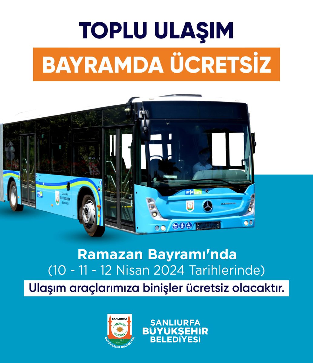 Sevdiklerimizle hep bir arada olalım, uzaklar yakın olsun diye Büyükşehir Belediyesi olarak biz her zaman yanınızdayız.

#RamazanBayramı süresince toplu ulaşım ücretsiz olarak yollarda olacak.

Şimdiden hayırlı bayramlar #Şanlıurfa.