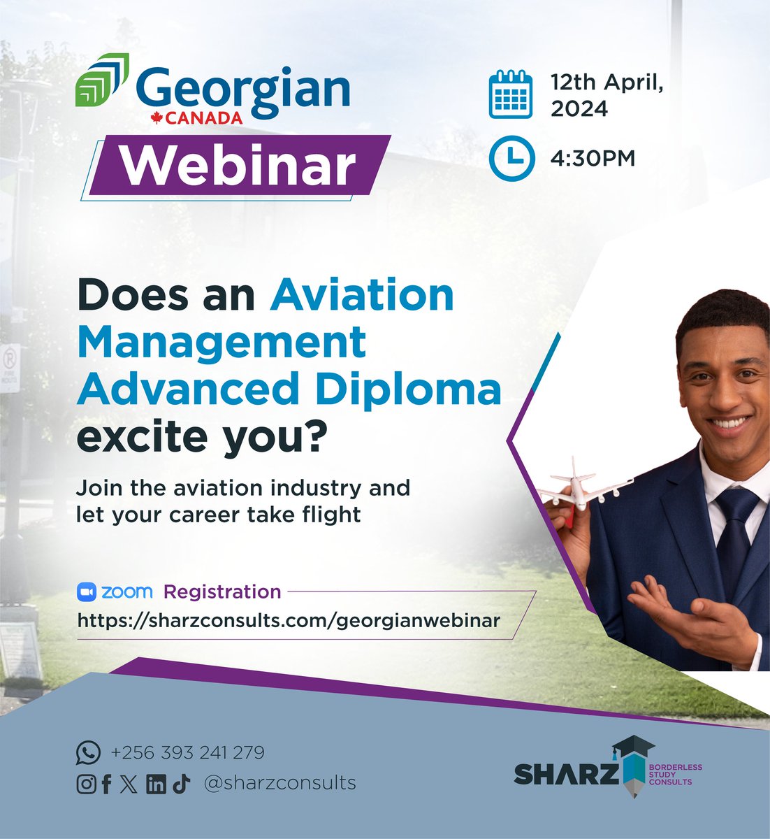 Here’s your opportunity to start your aviation career in Canada. Register for our Zoom session with a representative of @georgiancollege. 🗓️: Friday, 12th Apr 2024 🕐: 4:30PM 🔗: Zoom Registration Link: sharzconsults.com/georgianwebinar #StudyAbroadWithSharz