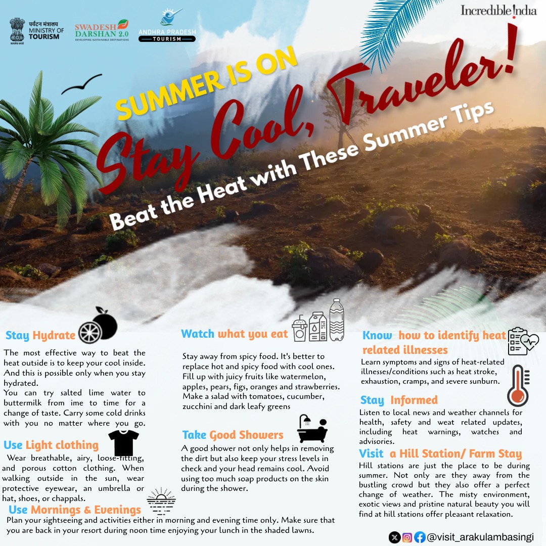 Summer is on, travelers! Don't let the heat slow you down. Here are some tips to beat the heat and refreshed on your adventures Stay cool, stay safe, and keep exploring! #SummerTravel #BeatTheHeat #StayCool #visit arakulambasingi #arakulambasingi #allurisitaramaraju tharamaraju