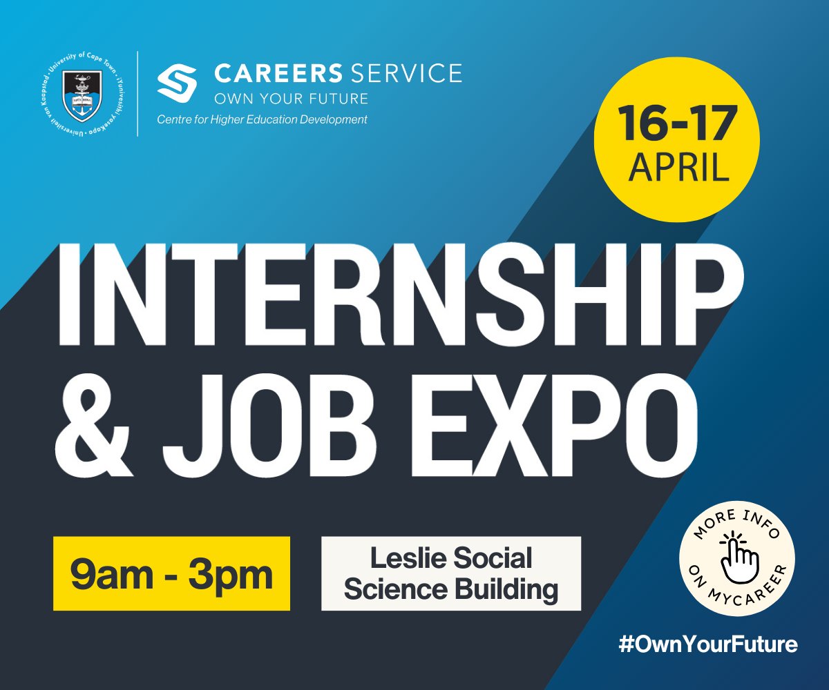 UCT students! Join us for the Internship &amp; Job Expo on 16 - 17 April 2024, where you can connect directly with recruiters from leading companies. Plus, take advantage of our CV Lab available on both days for personalised CV reviews. See you there! mycareer.uct.ac.za/students/event…
