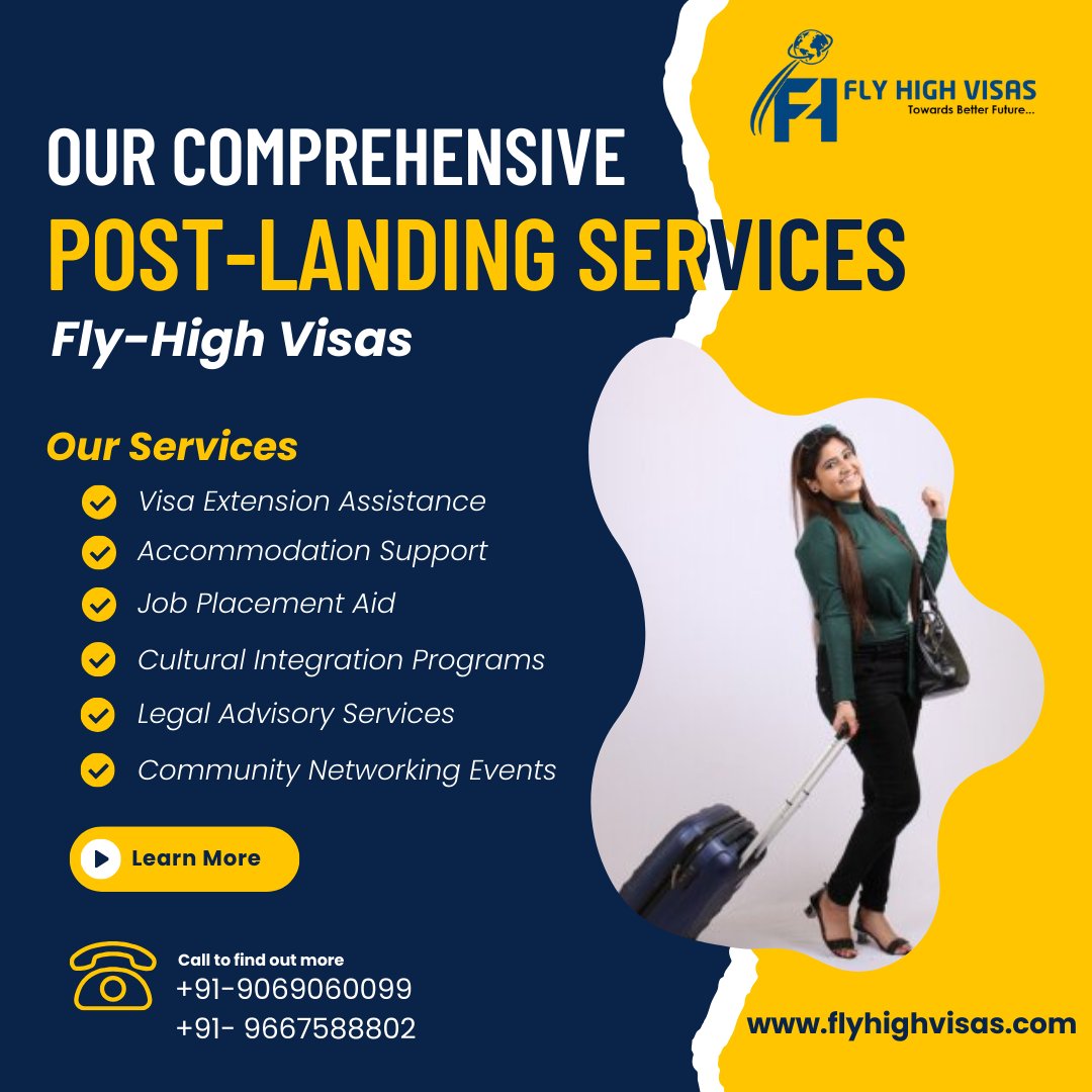 Touch down and let us handle the rest! 🌍✈️ Explore our seamless post-landing services at Fly-High Visas. From accommodation to job assistance, we've got you covered every step of the way. Your smooth transition starts here! #FlyHighVisas #PostLanding #ImmigrationServices