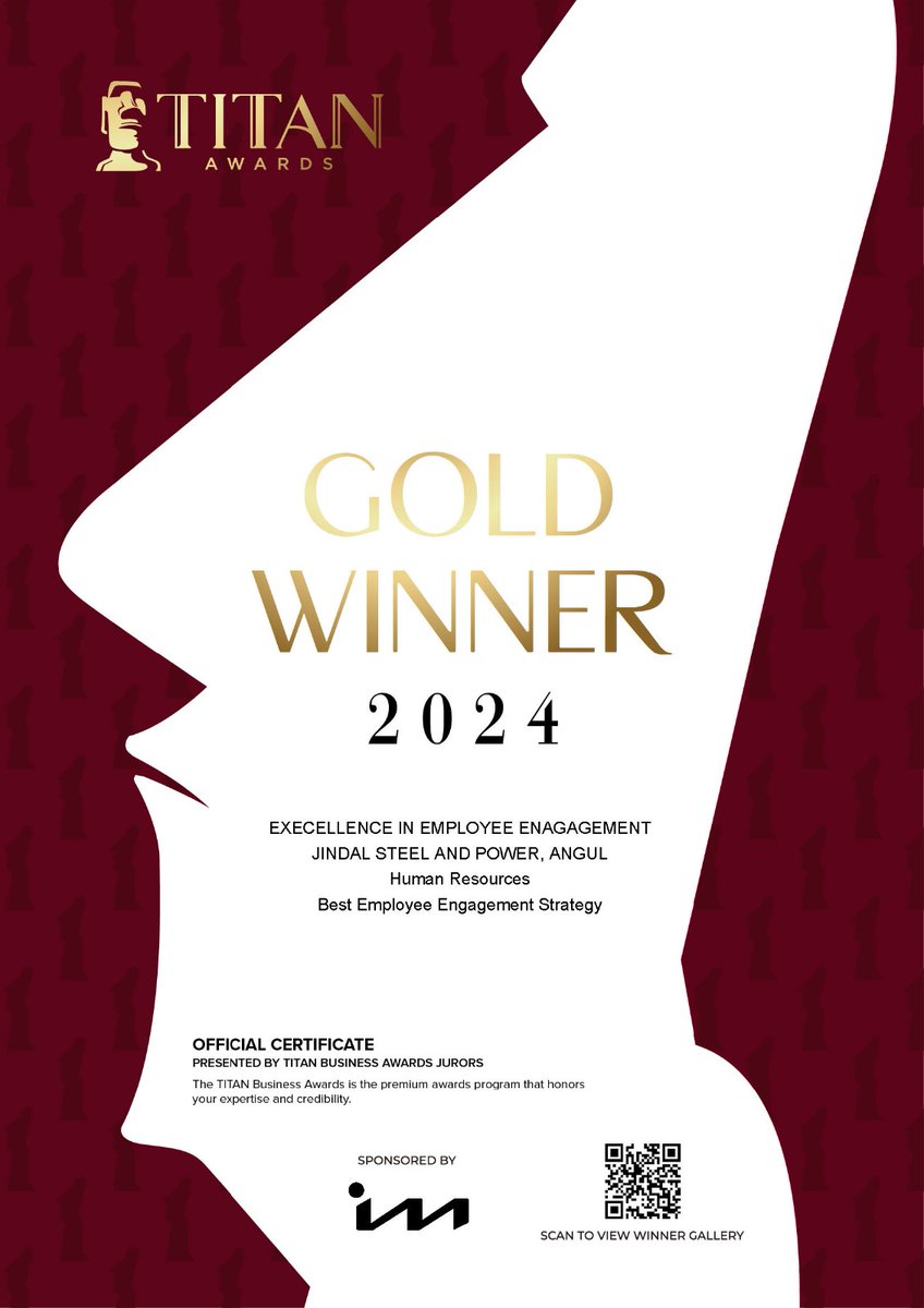 We are elated to share that JSP Angul has been acclaimed as the Gold Winner in the 2024 TITAN Business Awards' HR category for Best Employee Engagement Strategy. This prestigious recognition, competing against 1500+ entries globally, rewards our commitment to building a