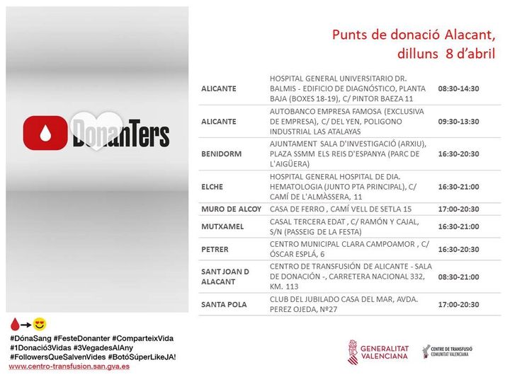 📅Punts de donació dilluns #8Abril #Alacant Acosta't a donar si estem prop de tu. La teua donació és necessària per a atendre les necessitats mèdiques diàries als hospitals. #DonaSang #Salva3Vides