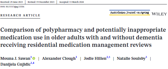 New research in @AgeingJ : Residents with dementia are more likely to be exposed to polypharmacy & potentially inappropriate meds compared to those without dementia (74% vs. 70% and 83% vs. 73%). Access Here: onlinelibrary.wiley.com/doi/10.1111/aj…