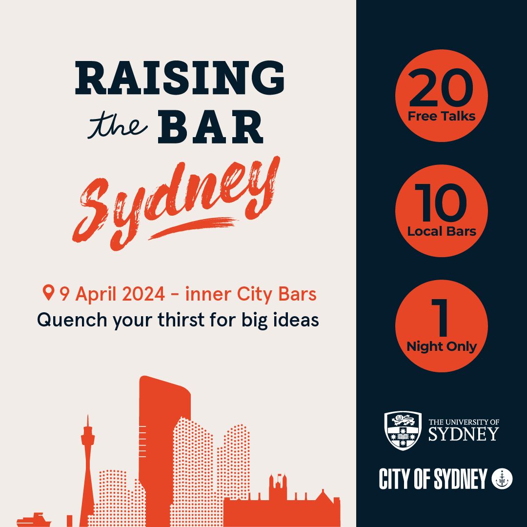 A great chance to have a drink at a bar and listen to some interesting topics 🍻 Join us tomorrow, Tuesday 9 April for Raising the Bar, where industry experts and researchers bring big ideas to Sydney’s inner-city bars. Register for free now: rtbevent.com/sydney-24 #RTBSYD