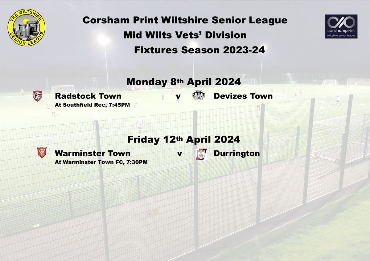 Just two games this week in the Mid Wiltshire Veterans' Division of the @corshamprint Wiltshire Senior League starting tonight with @Radstock_TownFC at home to @DevizesTownFC , then on Friday night @WarminsterTnFC entertain @DurringtonFC .