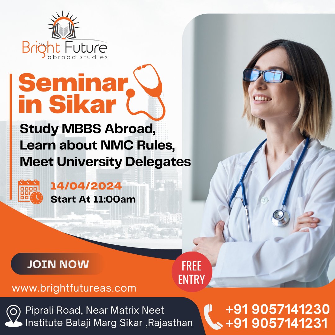 seminar in Sikar: NMC Guidelines, University Representatives & More (Sikar Seminar)
#SikarToDoctor#DoctorDreams#studyabroad
APPLY NOW- brightfutureas.com/apply-online-f…
SikarMBBSAbroadSeminar#DoctorDreams#StudyMBBSAbroadIndia#GlobalMedicalEducation#NMCGuidelines#SikarMedicalSeminar