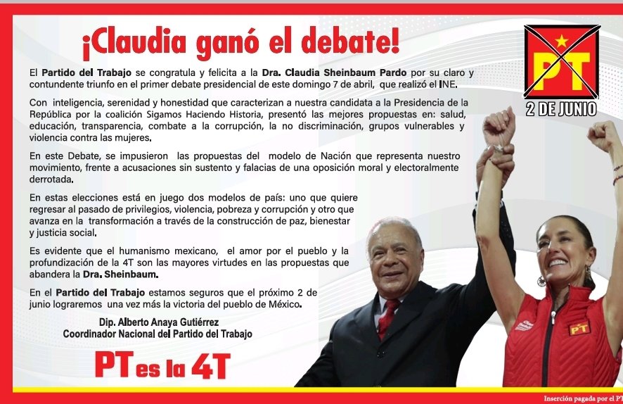 Felicito a nuestra candidata a la Presidencia de la República @Claudiashein por su excelente desempeño en el primer debate rumbo a las elecciones del 2 de junio. En el @PTnacionalMX estamos seguros que con ella lograremos, una vez más, la victoria del pueblo mexicano.