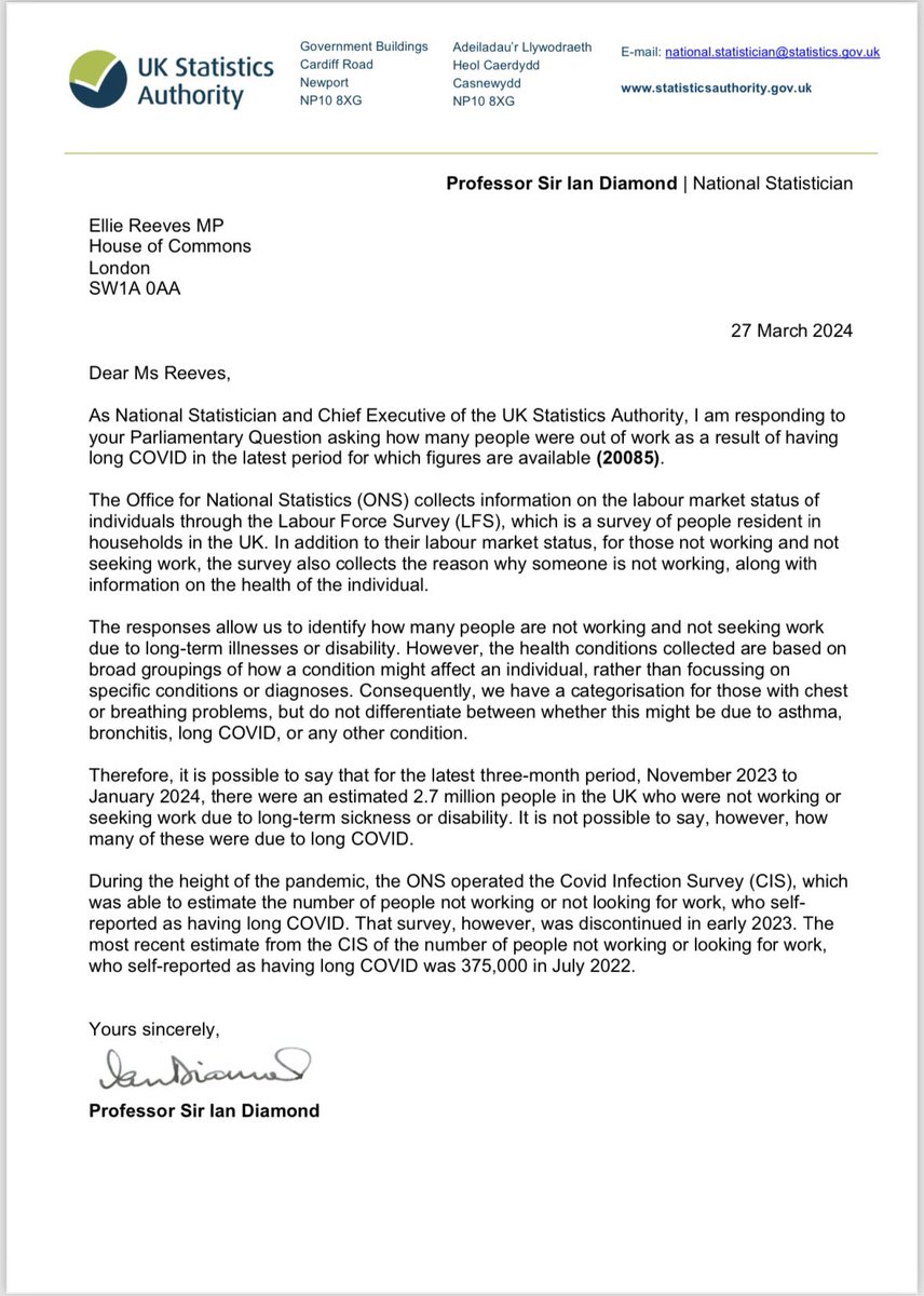 Cabinet Office question from @elliereeves on no. people in UK currently out of work due to #LongCovid. Answer given 🔴Most recent estimate July ‘22 - 375,000 🔴Nov 23 - Jan 24 - 2.7m not working/seeking work due to long-term sickness/disability. Can’t say how many due to LC