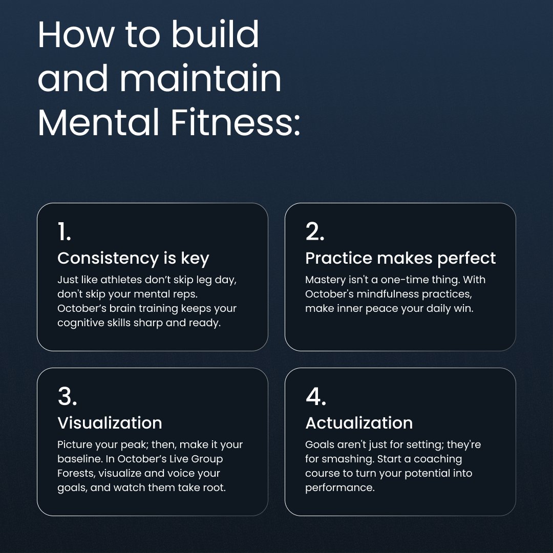 octoberhealth's tweet photo. Mental fitness: the art of fine-tuning your mind for life's challenges and opportunities.
Swipe to learn the building blocks for a stronger mental state and tips to keep it robust.
Ready to train your brain? 📲
Download the October app now.
#MentalFitness #OctoberHealth https://t.co/LPgGkwsAw1