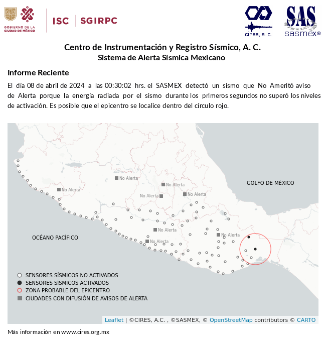 Informe preliminar del #Sismo detectado el 08-abr-24 a las 00:30:02 hrs.  #TenemosSismo #LaPrevenciónEsNuestraFuerza