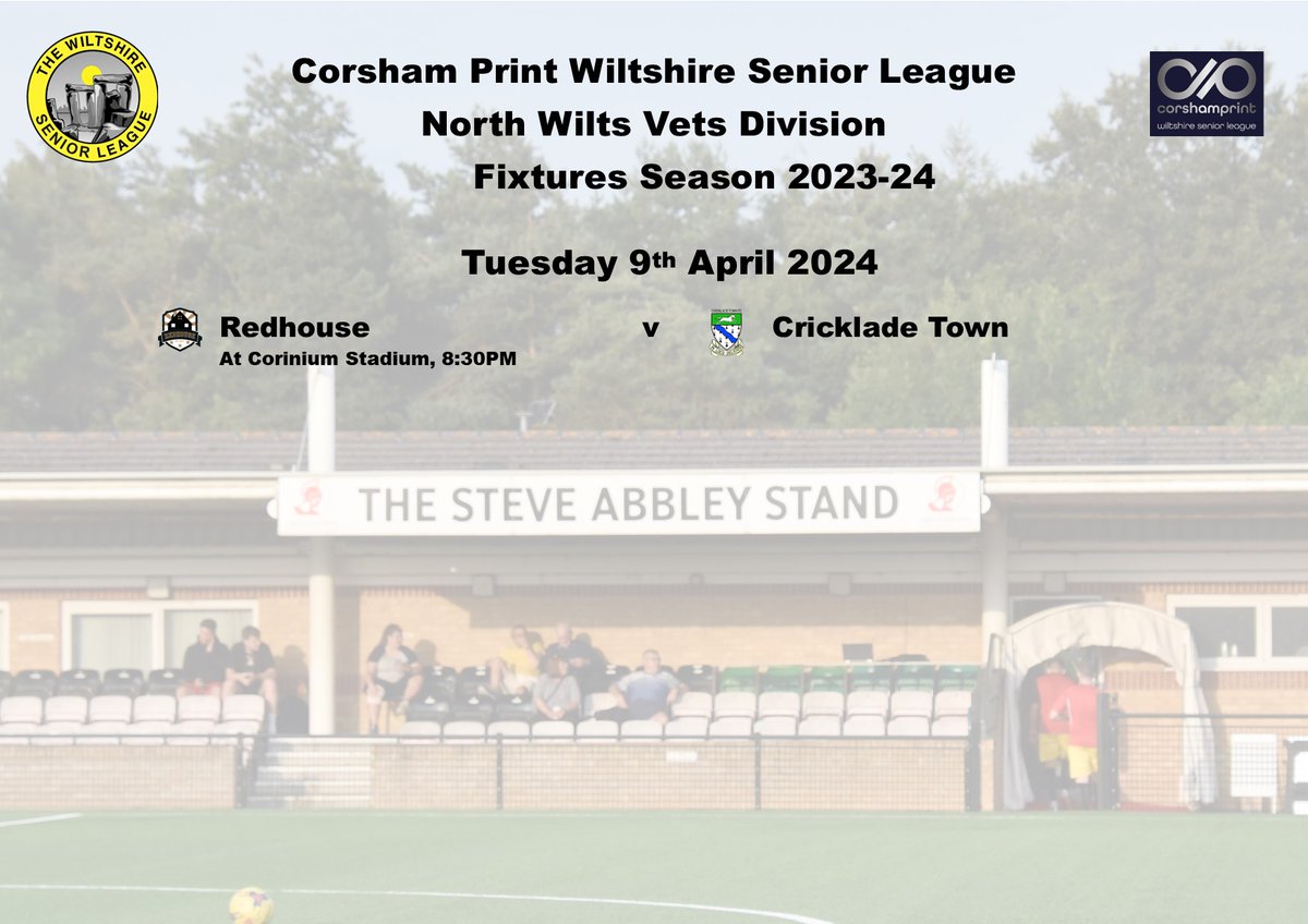 Just the one game this week in the North Wiltshire Veterans' Division of the @corshamprint WIltshire Senior League but it is a big one at the top end of the table as leaders @RedhouseFC take on 3rd placed @Cricklade_Town .