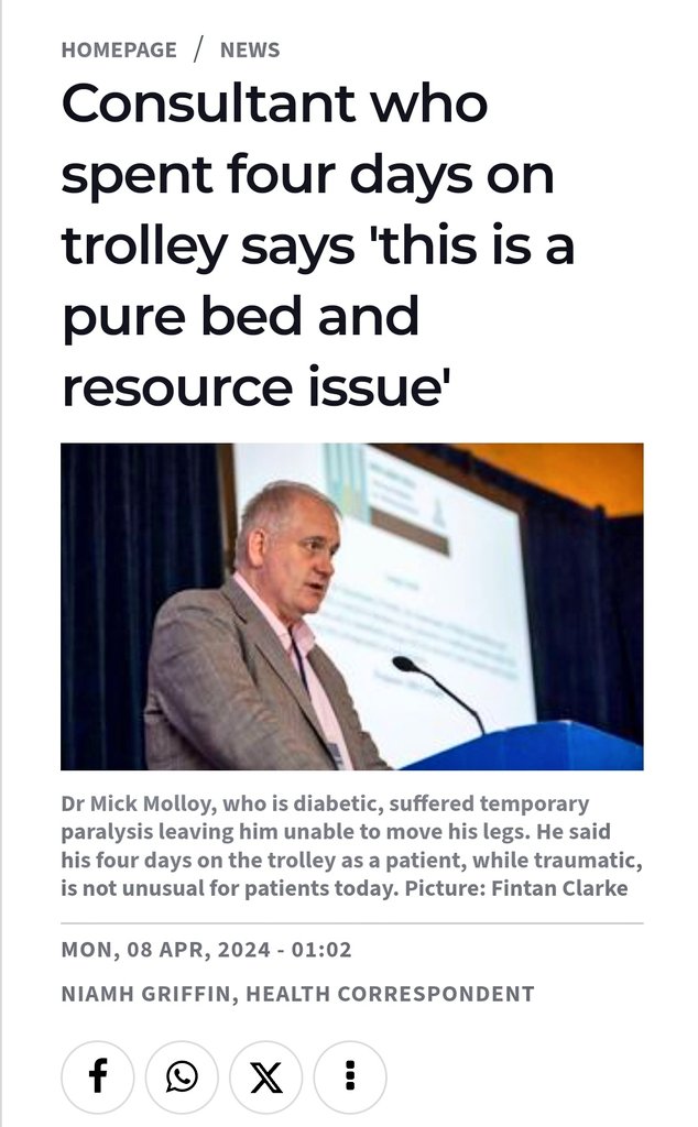 Consultant who spent four days on trolley says 'this is a pure bed and resource issue' - @griffinniamh

That is how an emergency department consultant, who himself spent four days on a trolley in an overcrowded ED has described the beds crisis.

#HealthCrisis
#IrelandisBroken…