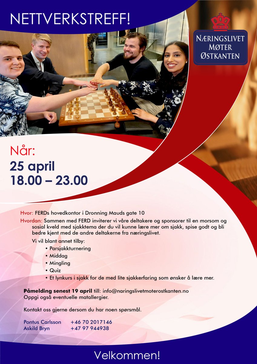 Hjertelig velkommen til nettverkstreff hos Ferd 25. april!

Påmelding til arrangementet er nå åpnet. Det er bare kontakte oss på info@naringslivetmoterostkanten.no (påmeldingsfrist 19. april).

Info finner du her.👇
naringslivetmoterostkanten.no/nettverkstreff…

#ferd #sjakk