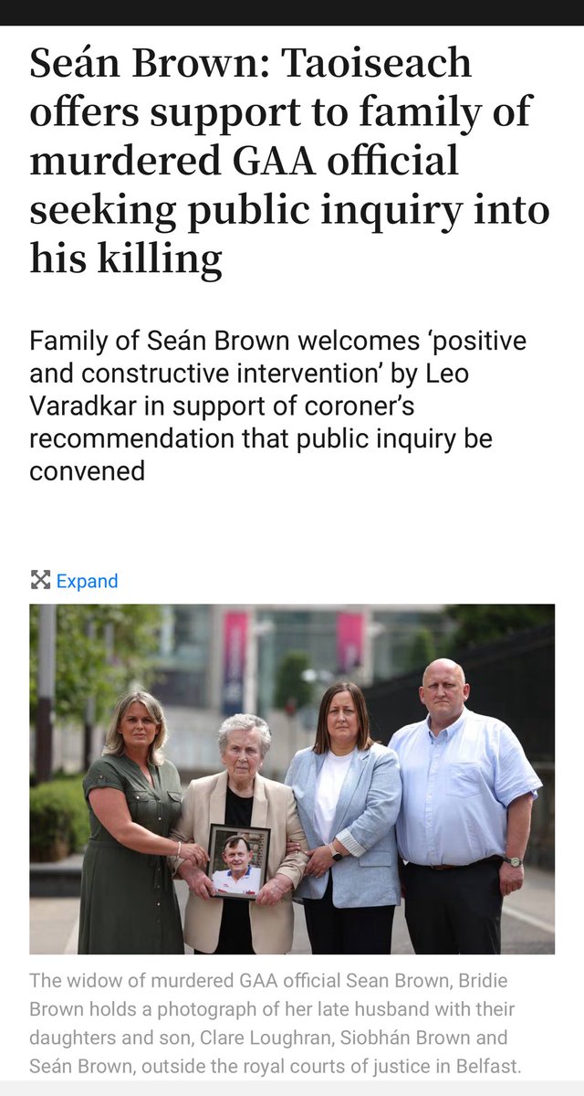 Seán Brown: Taoiseach endorses call by High Court Judge for Public Inquiry. Leo Varadkar offers support to family of murdered GAA official seeking public inquiry into his killing The only lawful decision which can be made is to convene a public inquiry irishtimes.com/ireland/2024/0…