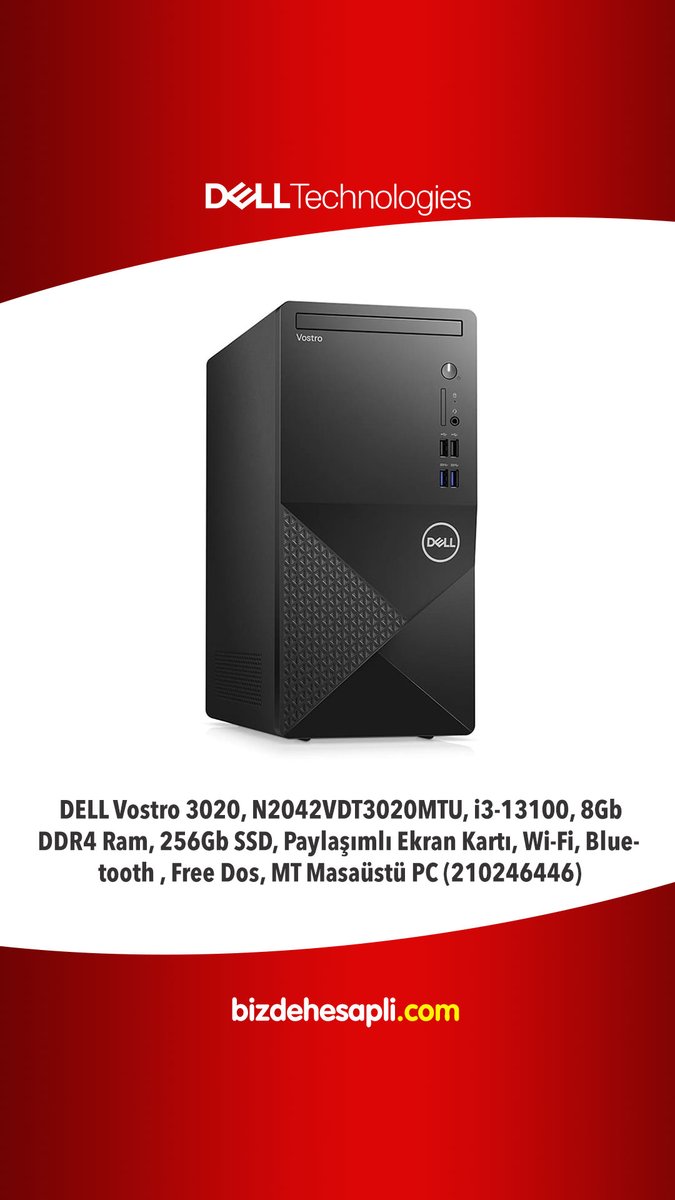 #DELL Vostro 3020, N2042VDT3020MTU, i3-13100, 8Gb DDR4 Ram, 256Gb SSD, Paylaşımlı Ekran Kartı, Wi-Fi, Bluetooth , Free Dos, MT #MasaüstüPC (210246446) bizdehesapli.com/dell-vostro-30…