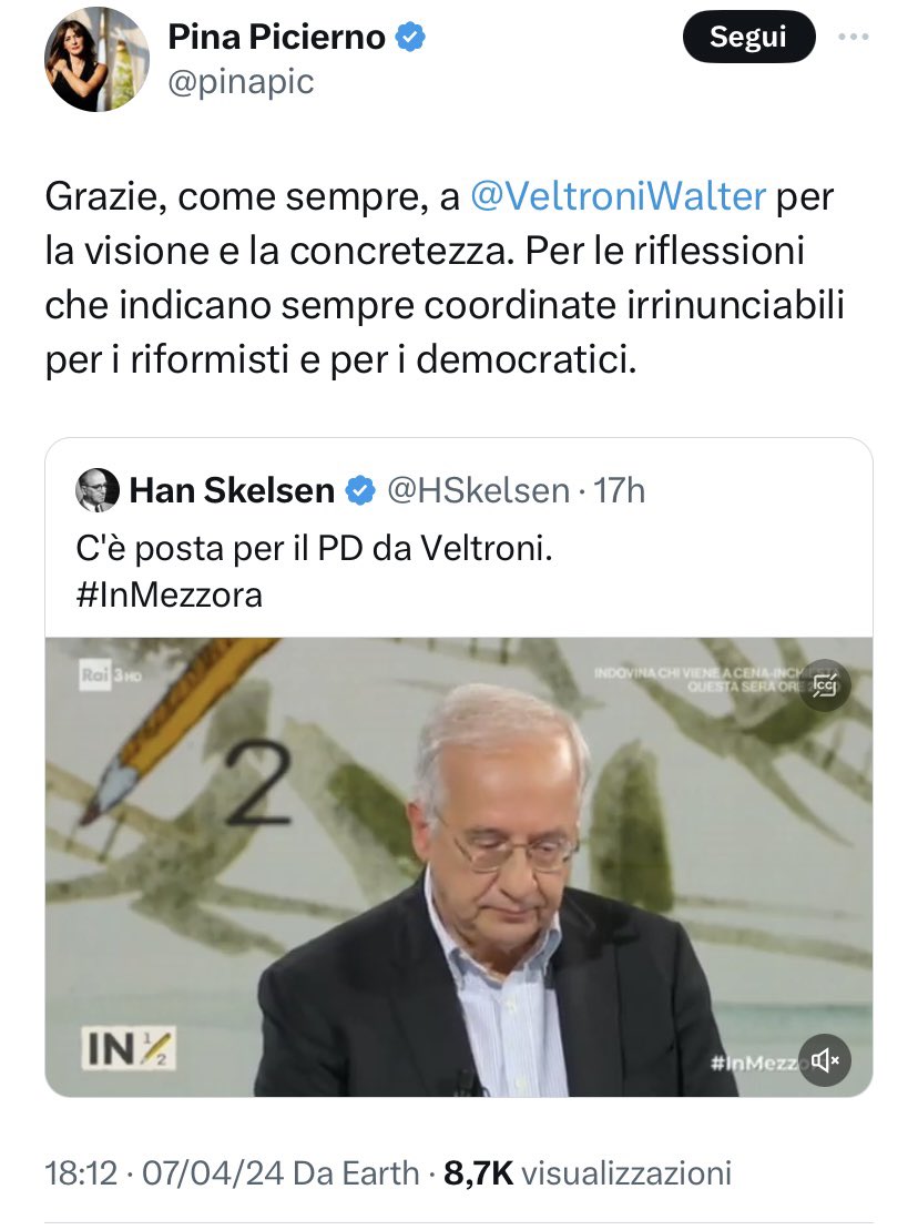 #Veltroni che indica le coordinate irrinunciabili 😂

“Sono ammirato dai politici che quando non contano più nulla hanno scoperto improvvisamente la pietra filosofale” (Travaglio)

🤡