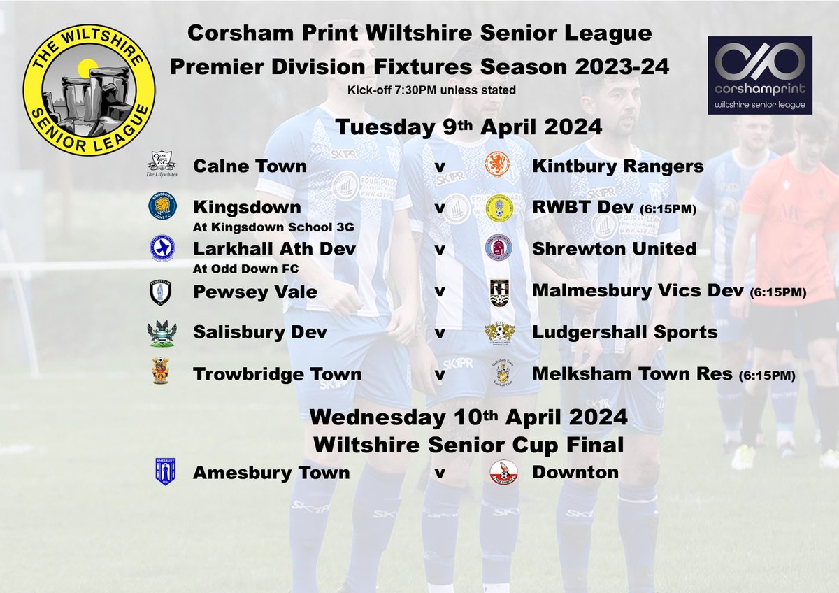 A busy week of midweek action involving teams from the Premier Division of the @corshamprint Wiltshire Senior League including the final of the @WiltsCountyFA Senior Cup on Wednesday night when @AmesburyFc take on @DowntonFC from the Wessex League. @YSswindon @swsportsnews