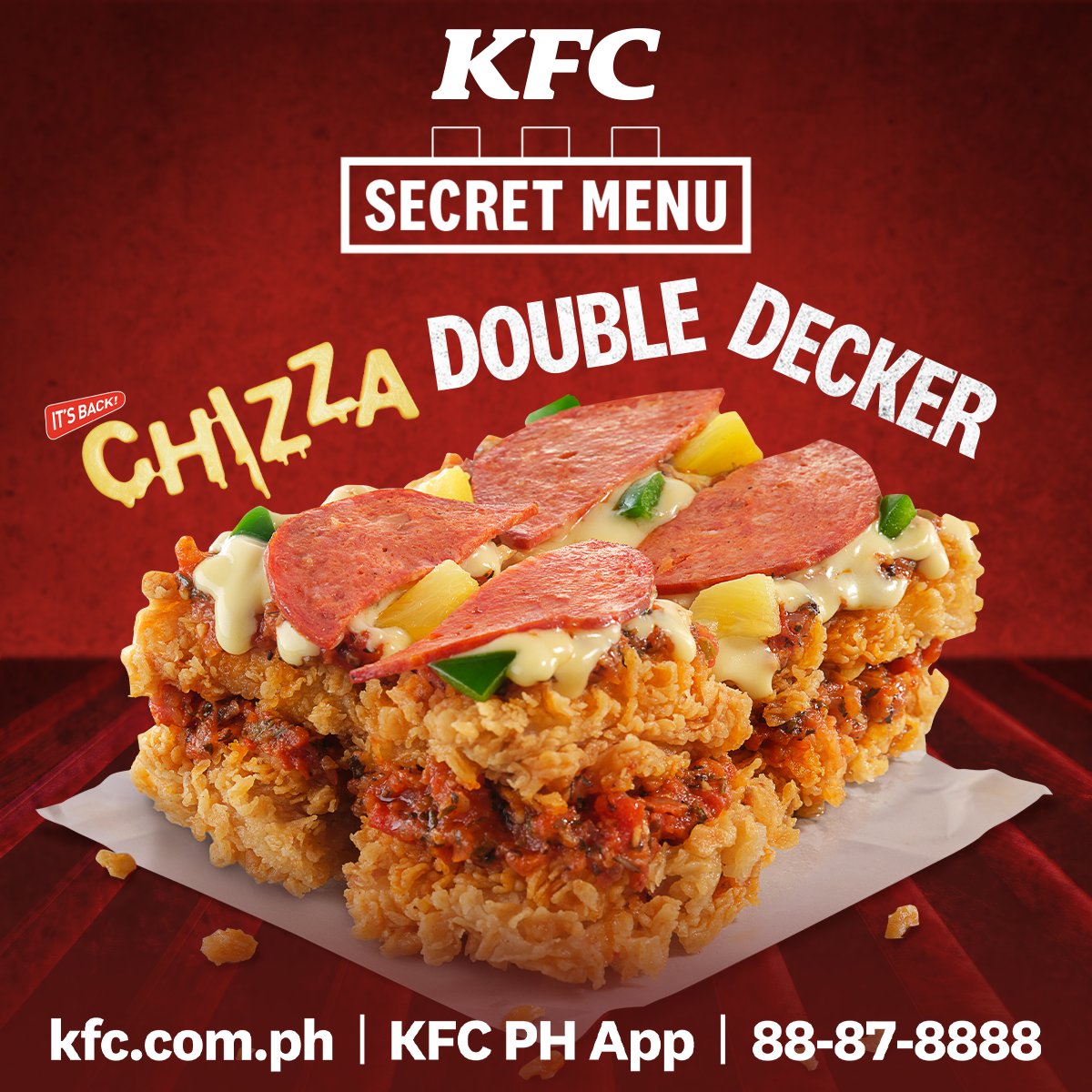 The rumors are true! Dive into the finger lickin’ good secret with our KFC Chizza Double Decker, exclusively available on our Secret Menu. 🤫🍗🍕 #YasssKFCChizza