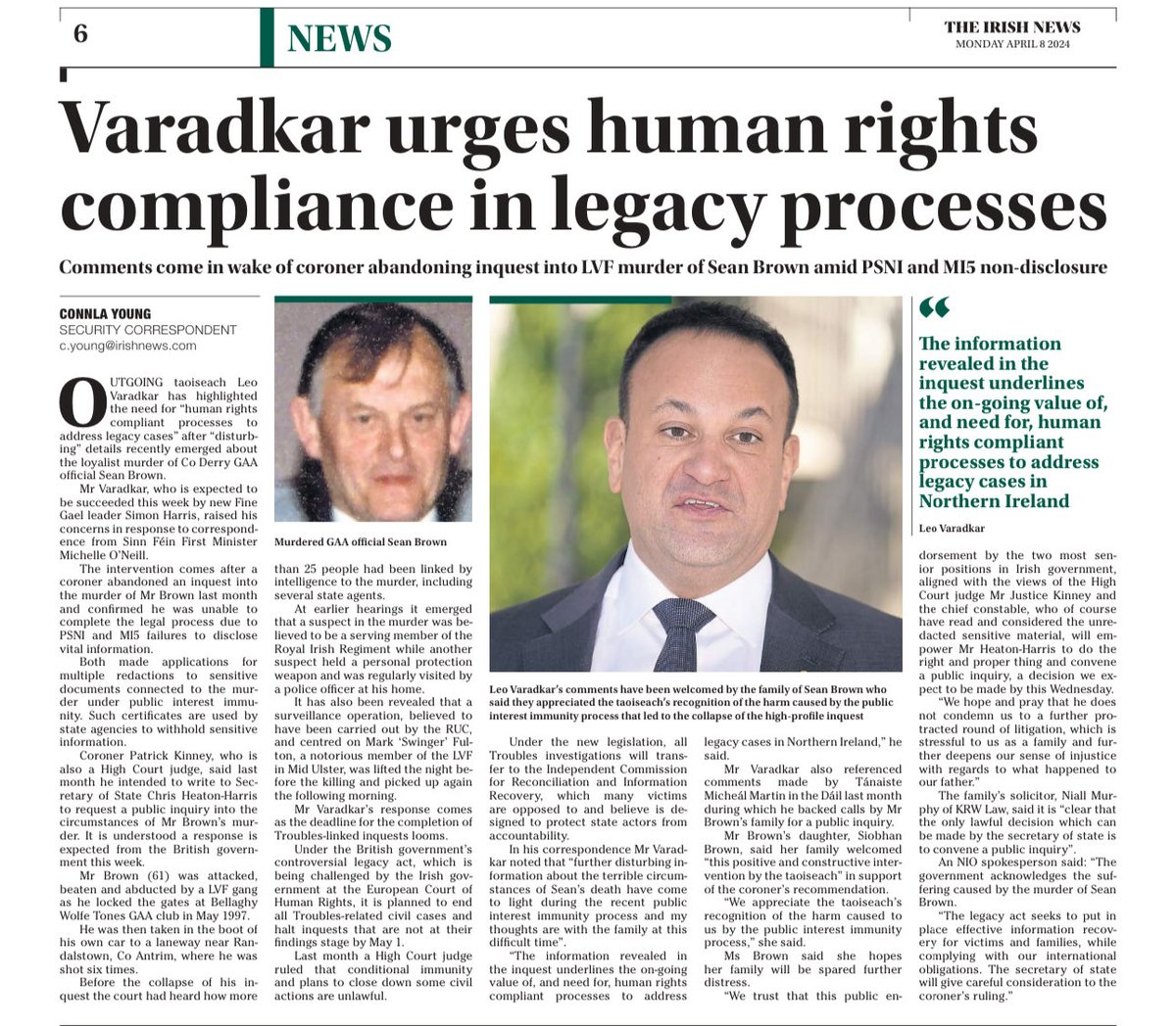 Sean Brown Public Inquiry call : Taoiseach Leo Varadkar has highlighted the need for “human rights compliant processes to address legacy cases” after “disturbing” details recently emerged about the loyalist murder of Co Derry GAA official Sean Brown.