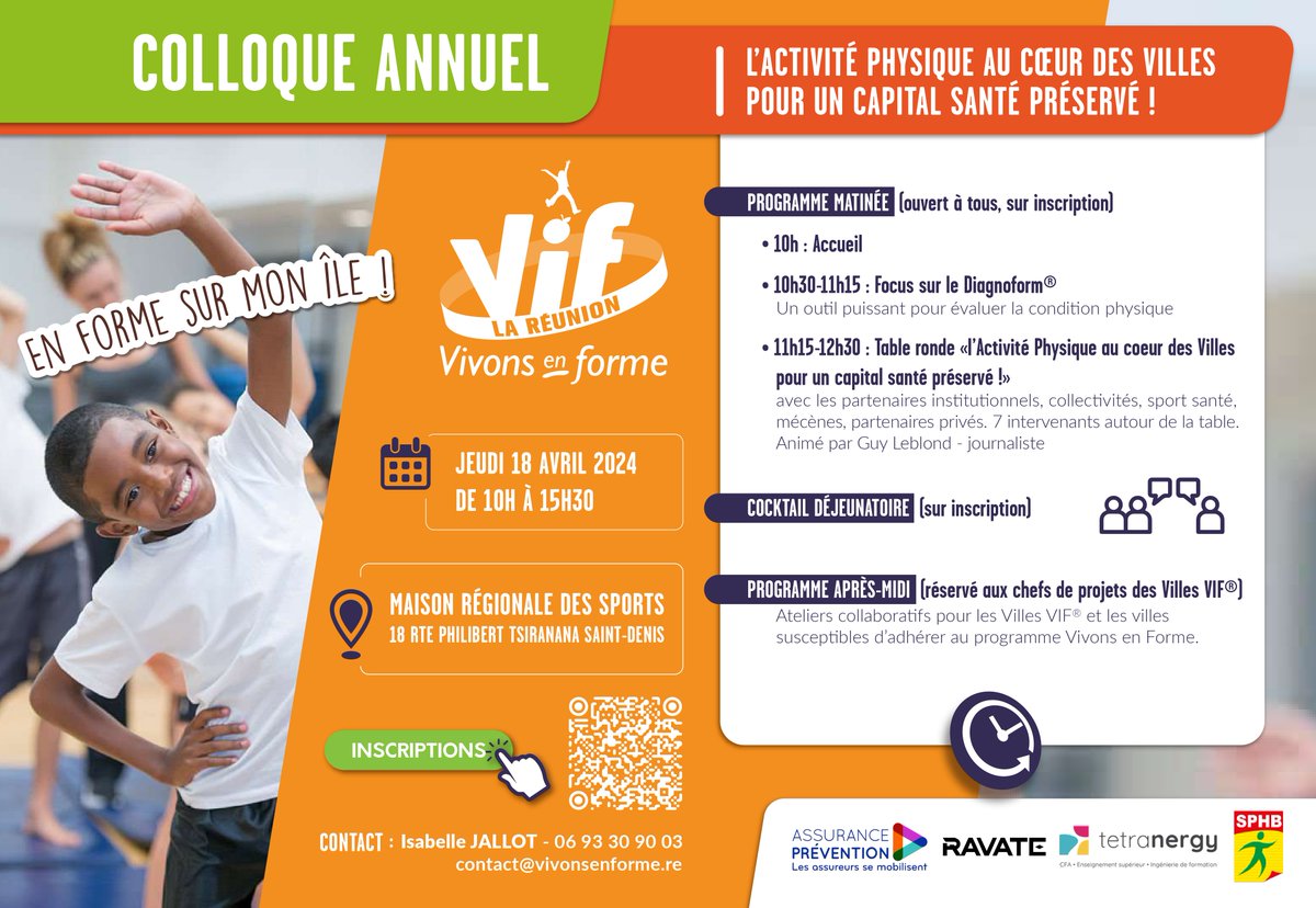 📢 Colloque annuel de Vivons en Forme Réunion le 18 avril. Nous aborderons le thème suivant: L'activité physique au cœur des villes pour un capital santé préservé ! 
Vous souhaitez en savoir plus ? 
Inscrivez vous:  eventbrite.fr/e/billets-coll…👈

#santéprévention