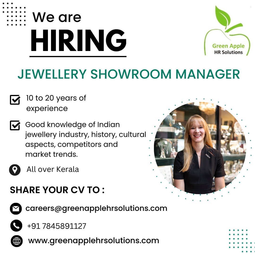 We are looking for a JEWELLERY SHOWROOM MANAGER with 10 to 15 years of Experience. 
 Skills:  Good knowledge of the Indian jewellery industry, history, cultural  aspects, competitors and market trends.
#showroommanager #jewelleryindustry #hiring #hiringnow #opentowork #jobvacancy