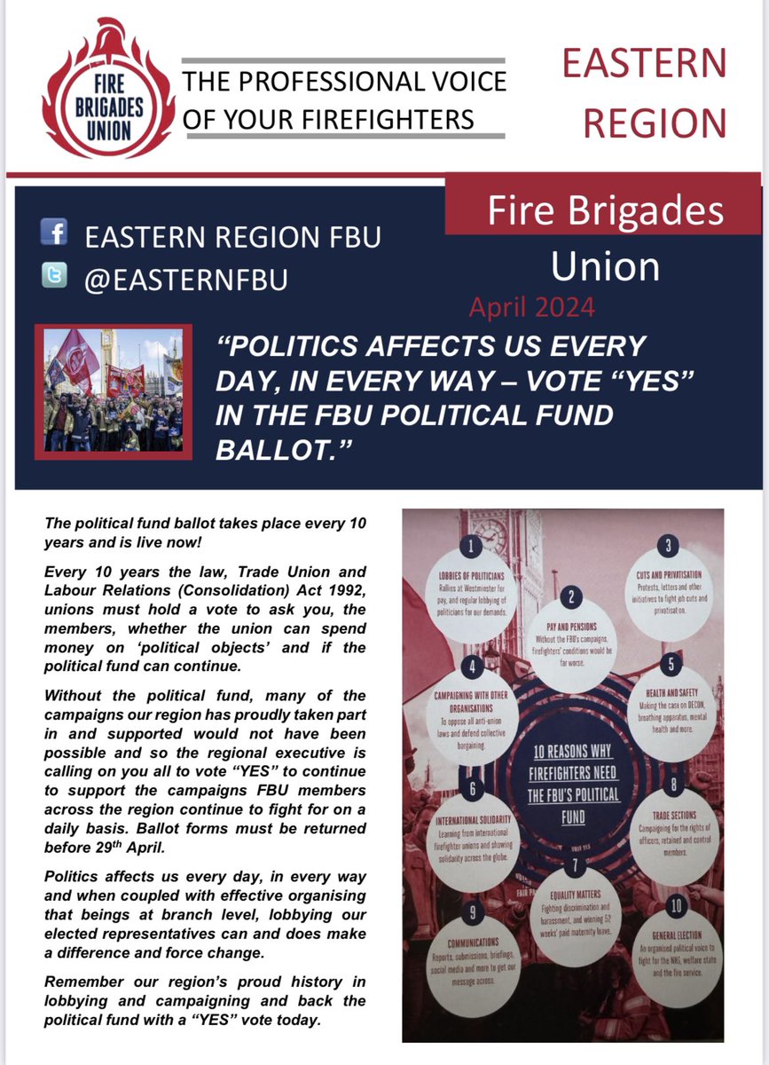 Keep the FBU a campaigning and fighting union and vote in the political fund ballot @FBUBeds @FBUCambs @EssexFBU @FBUHerts @NorfolkFBU @SuffolkFBU